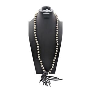 Boho Freshwater Pearl Leather Knotted Black Leather Tassel 36" Necklace